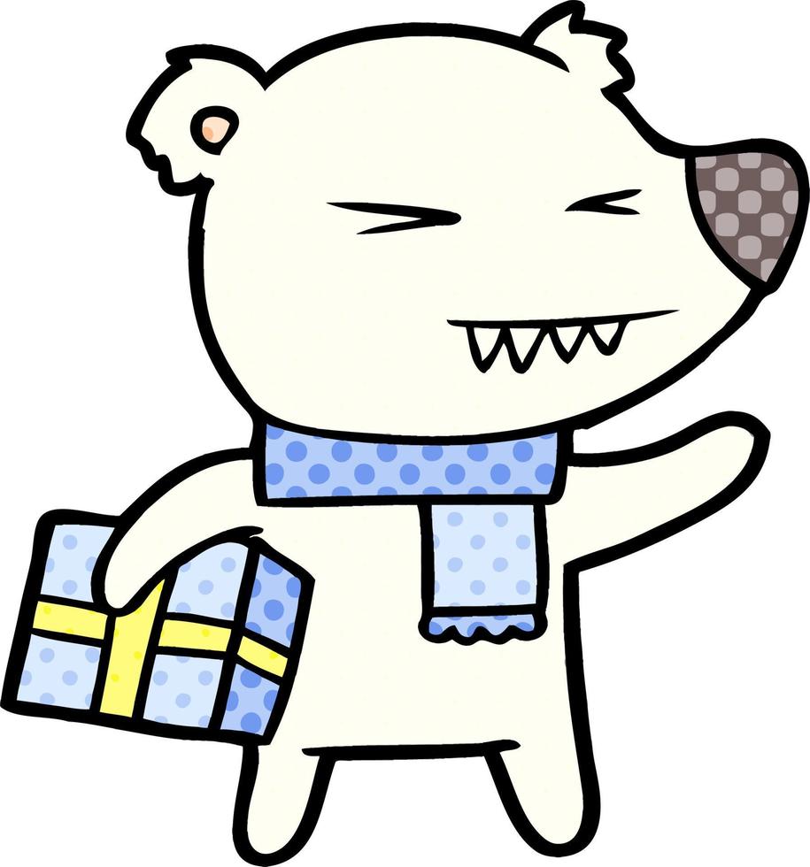 dessin animé ours polaire en colère avec cadeau de Noël vecteur