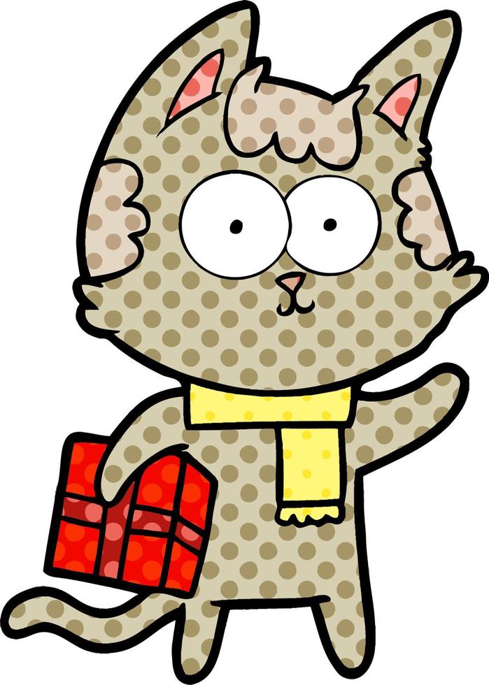 chat de dessin animé heureux avec cadeau de Noël vecteur