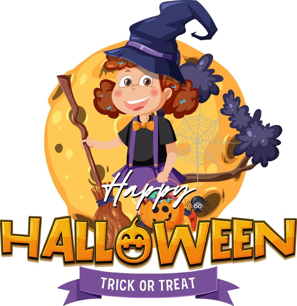 joyeux halloween texte logo avec personnage de dessin animé vecteur