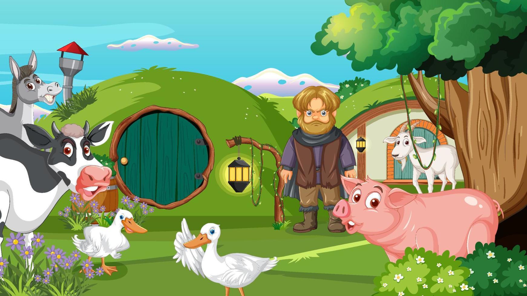 scène de dessin animé avec des animaux de la ferme vecteur