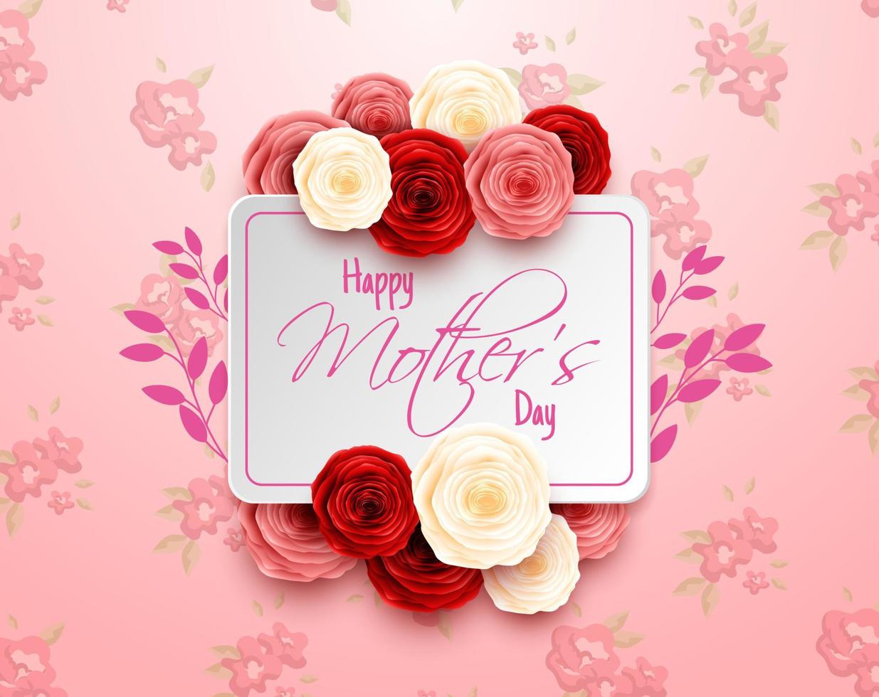 bonne fête des mères avec des fleurs roses et des coeurs vecteur