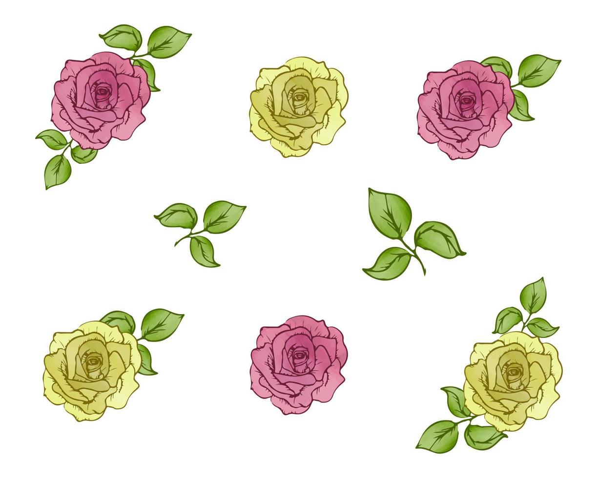 ensemble de roses roses et jaunes à l'aquarelle vecteur