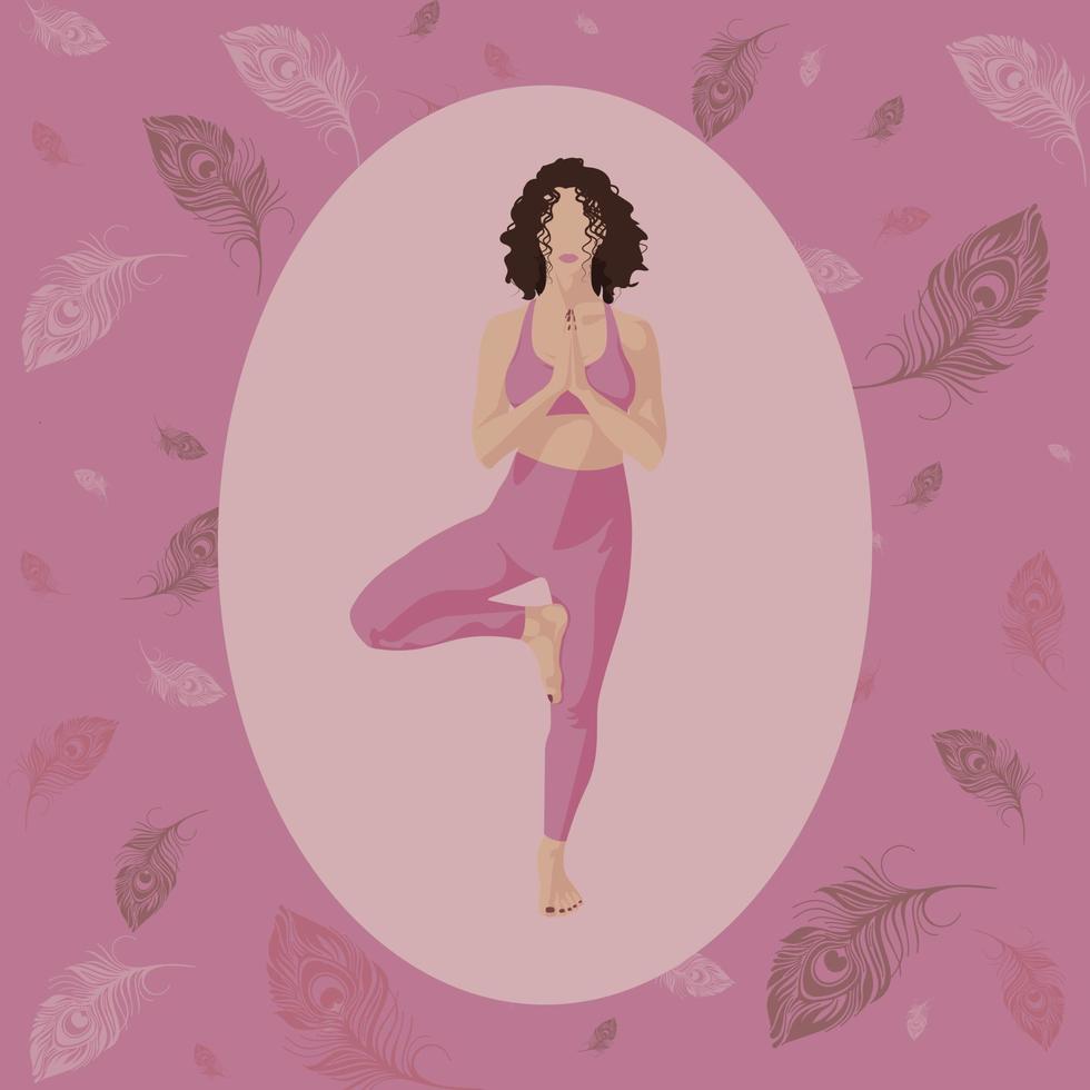 affiche, fille faisant du yoga, plumes en arrière-plan, fond rose, pose de yoga. illustration vectorielle vecteur