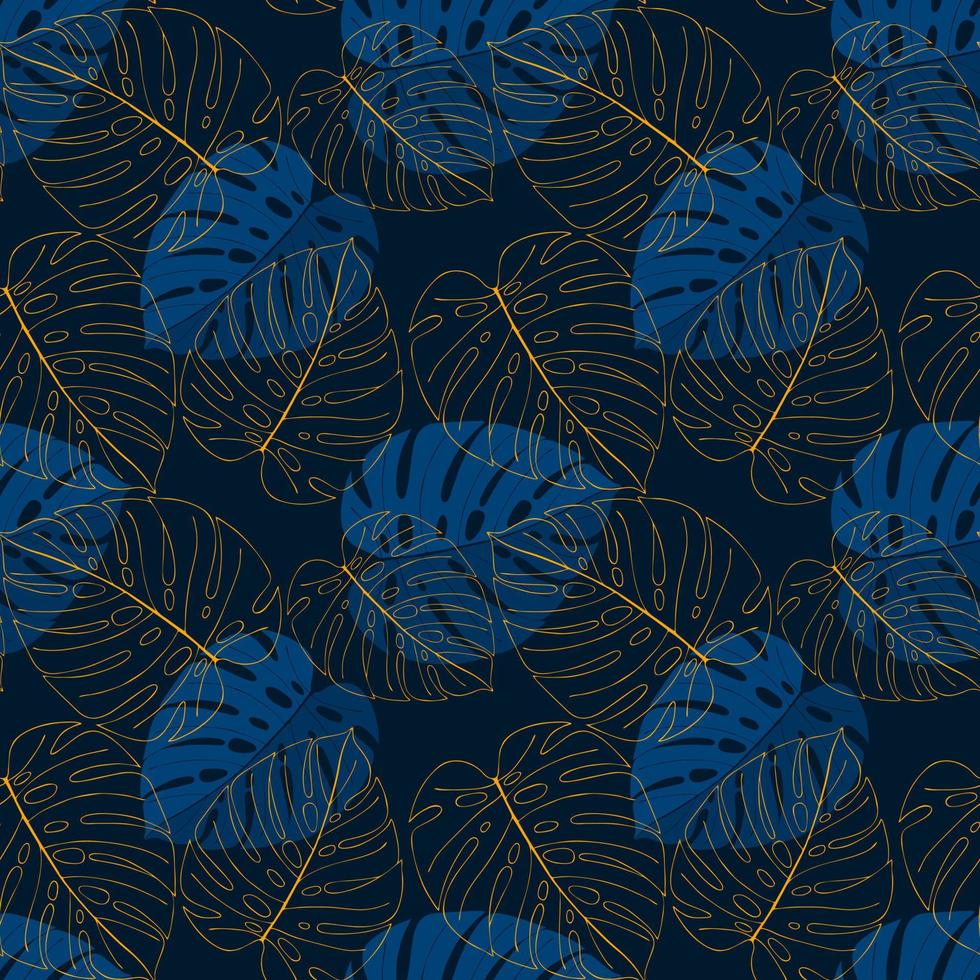 motif de luxe monstera chic bleu foncé et or, contour et formes de monstera. vecteur