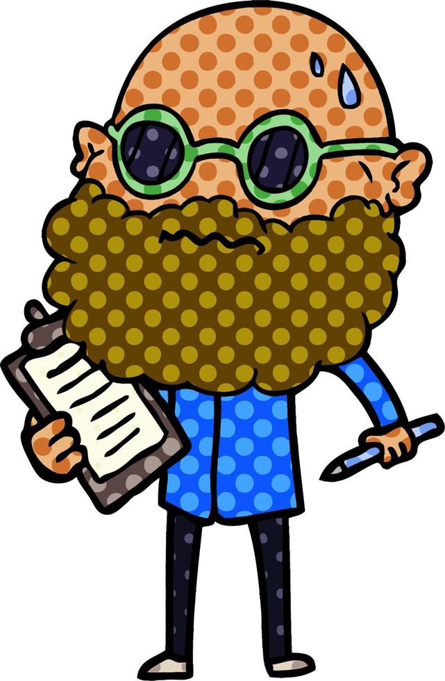 dessin animé homme inquiet avec barbe et lunettes de soleil prenant enquête vecteur