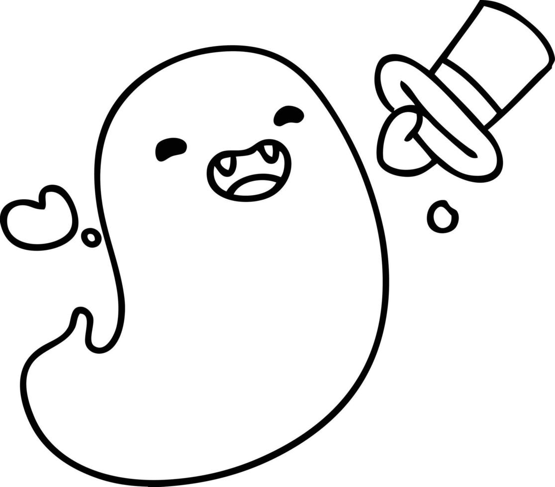 doodle en ligne d'un fantôme d'halloween heureux avec chapeau haut de forme vecteur