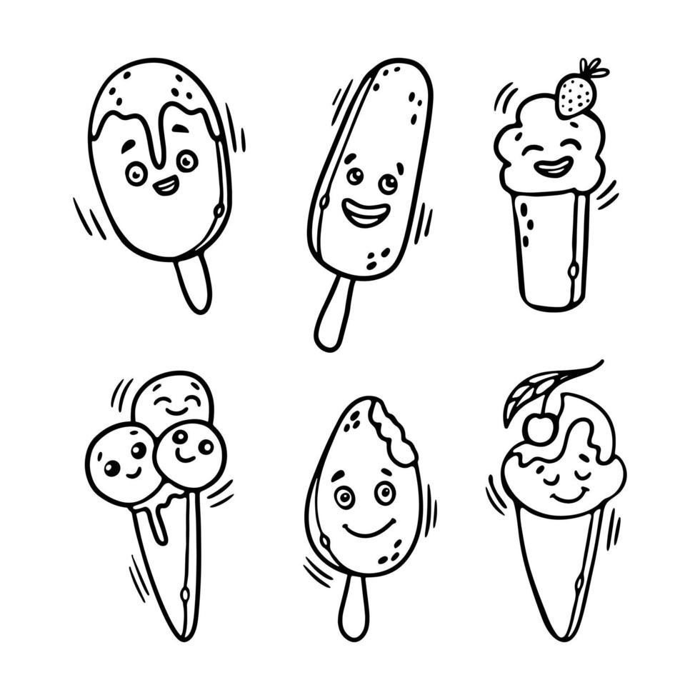 contour de crème glacée kawaii doodle cartoon set illustration vectorielle. visages de personnages drôles avec différentes émotions joyeuses pour la page de coloriage vecteur