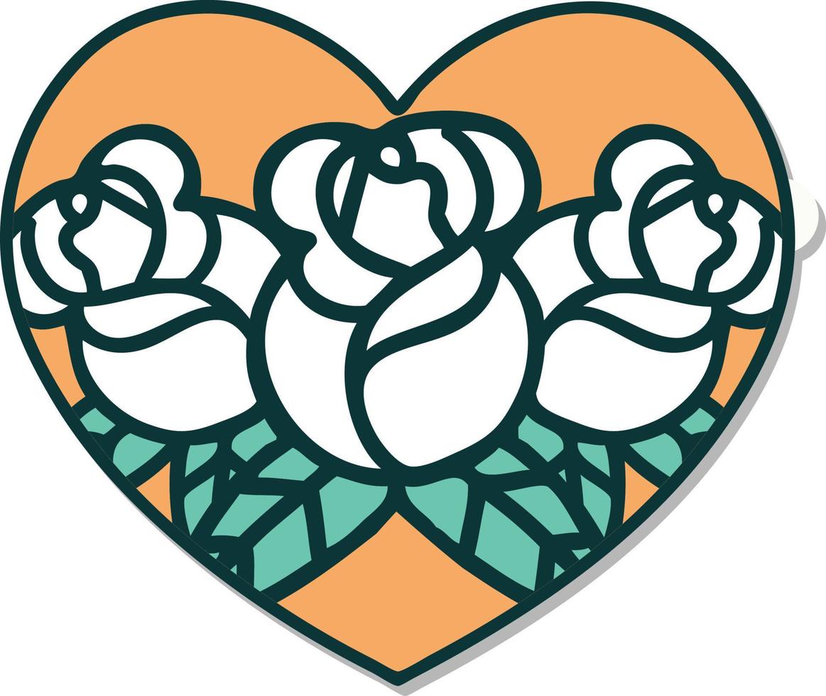 autocollant de tatouage dans le style traditionnel d'un coeur et de fleurs vecteur