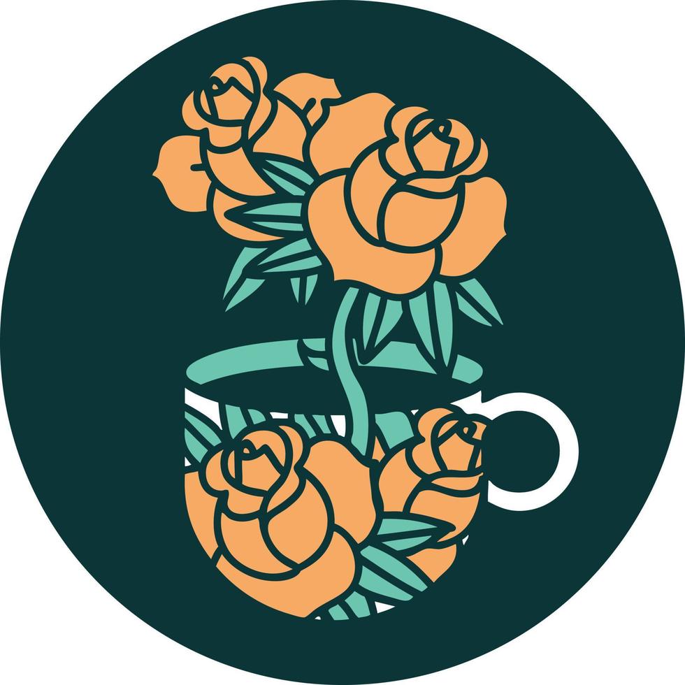 icône de style tatouage d'une tasse et de fleurs vecteur