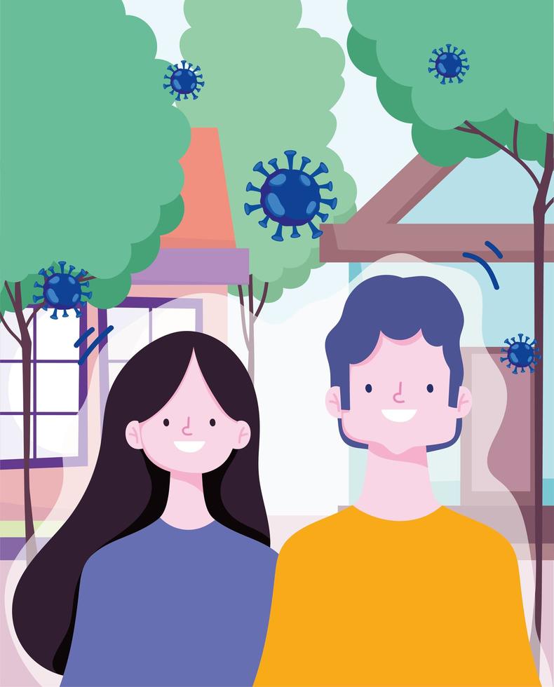 homme et femme à l'extérieur pendant l'épidémie de coronavirus vecteur