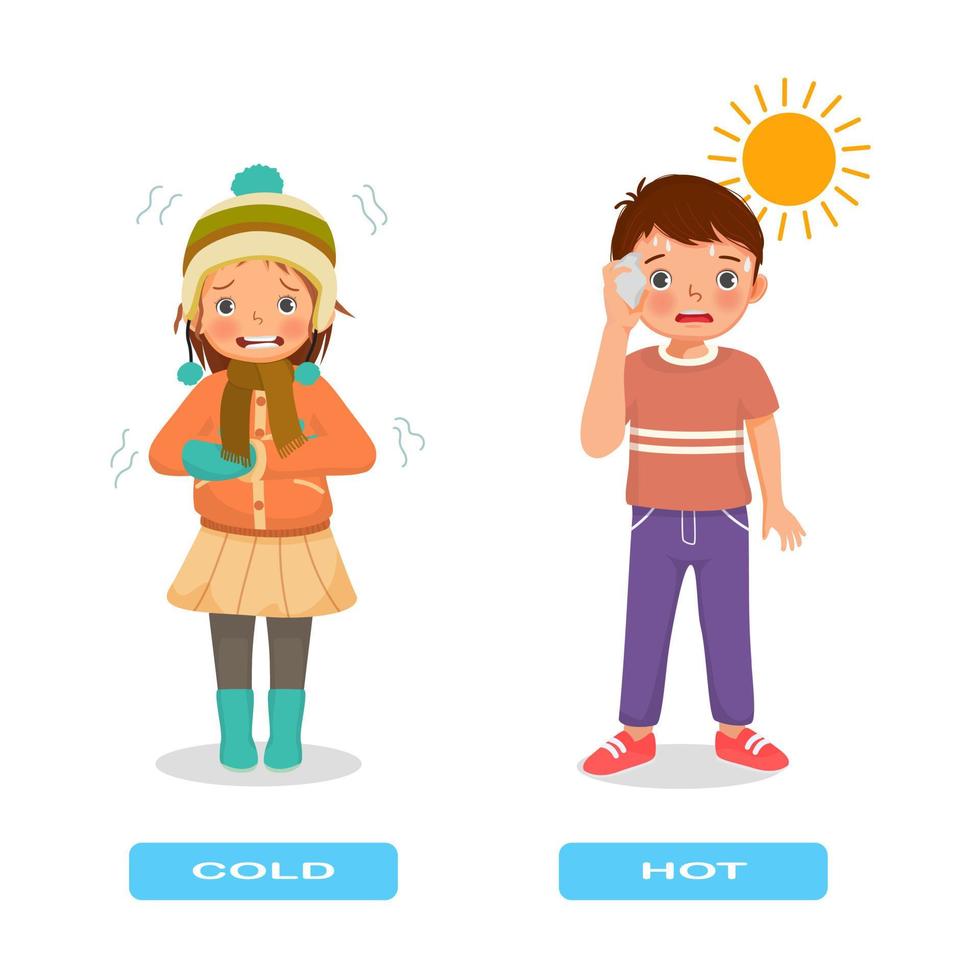 adjectif opposé mots antonymes froid et chaud illustration de petite fille frissonnant et garçon transpirant explication flashcard avec étiquette de texte vecteur