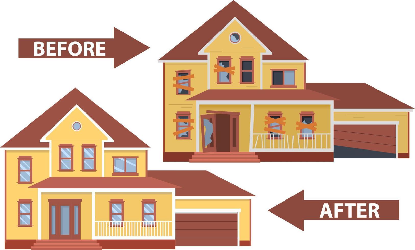 maison avant et après réparation. vieille maison délabrée. rénovation building.townhouse building apartment.flat vector.rural logement village cheminée. vecteur