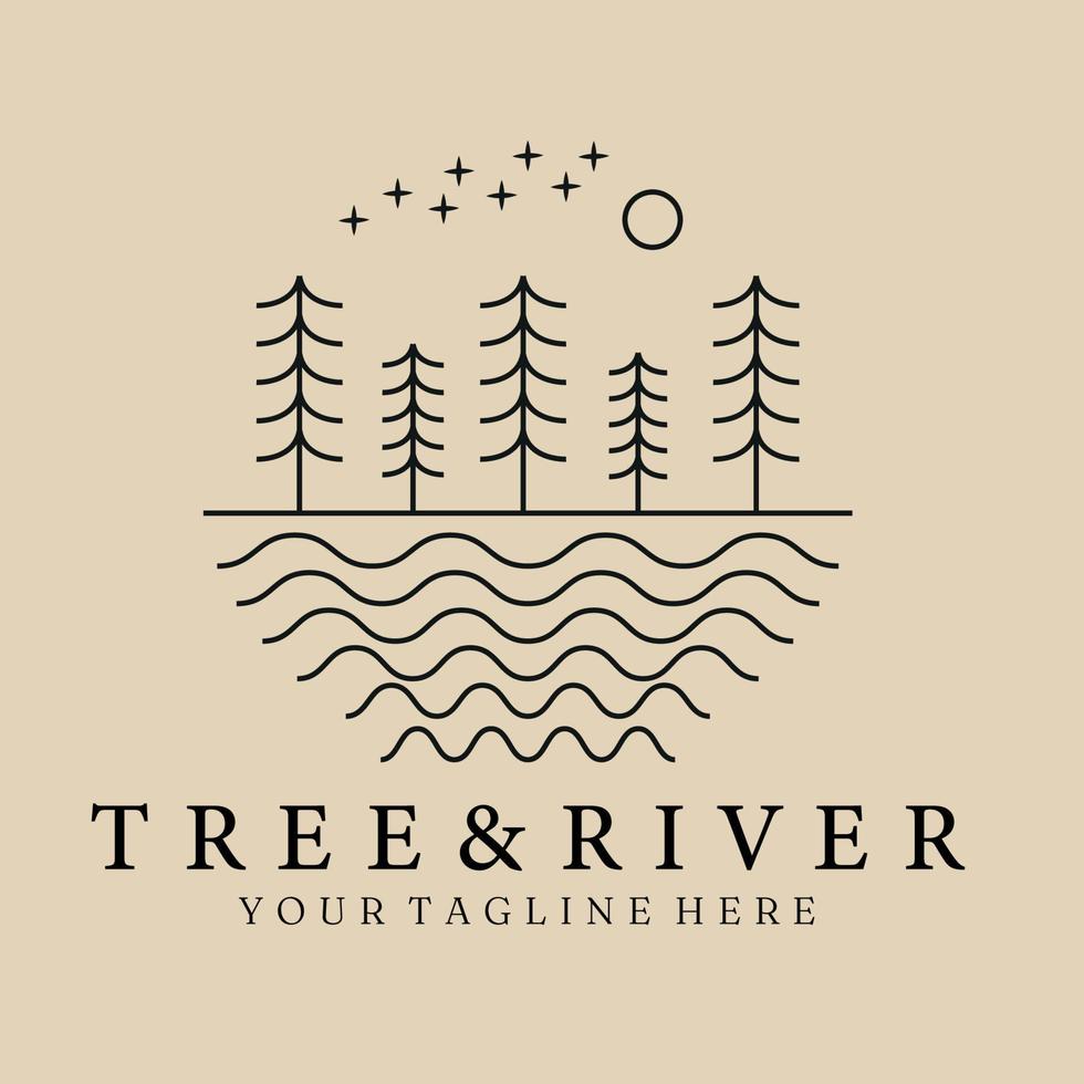 logo, icône et symbole d'art de ligne d'arbre et de rivière, conception d'illustration vectorielle vecteur