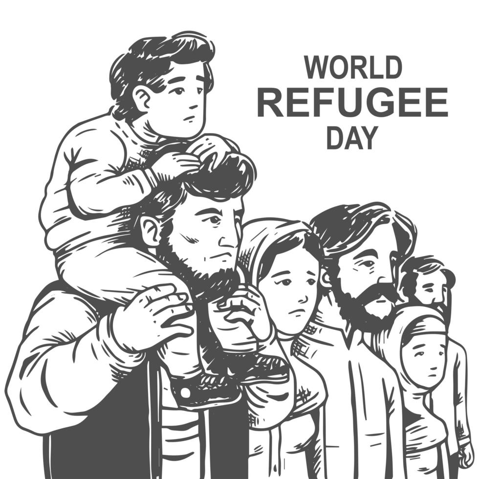 conception de la journée mondiale des réfugiés dessinée à la main avec la famille vecteur