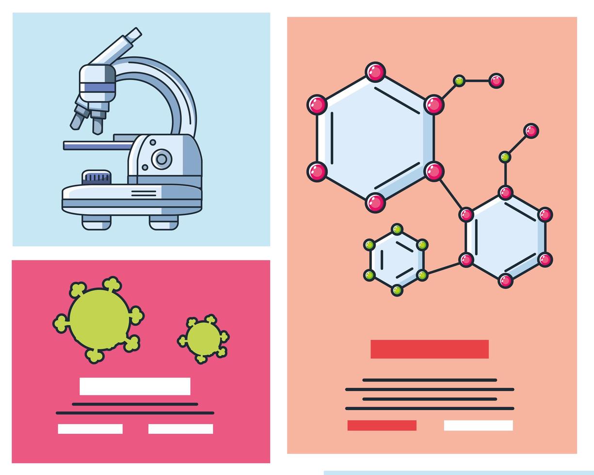 infographie avec des icônes de microscope de laboratoire vecteur