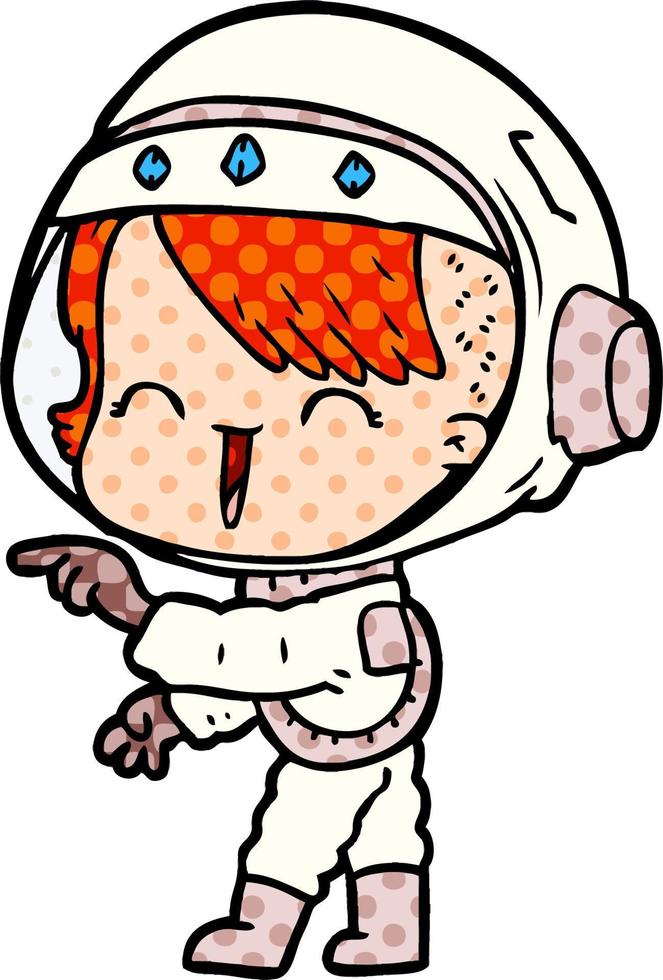 dessin animé astronaute fille pointant et riant vecteur