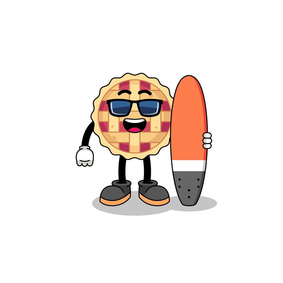 caricature de mascotte de tarte aux pommes en tant que surfeur vecteur
