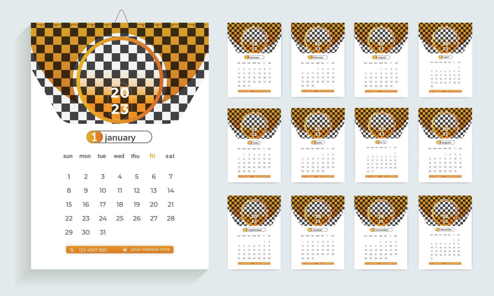 Modèle de conception de calendrier 2023, planificateur dans un style moderne et épuré, calendrier d'entreprise ou de bureau. mise en page du calendrier mural anglais pour la nouvelle année. vecteur