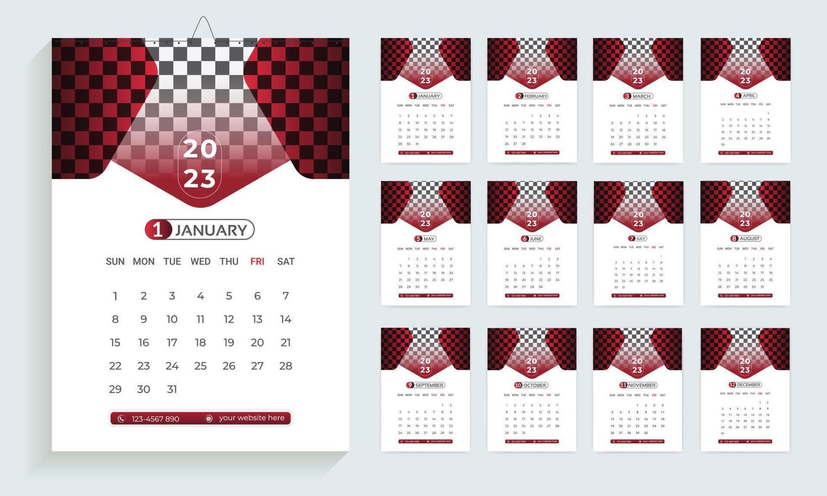Modèle de conception de calendrier 2023, planificateur dans un style moderne et épuré, calendrier d'entreprise ou de bureau. mise en page du calendrier mural anglais pour la nouvelle année. vecteur