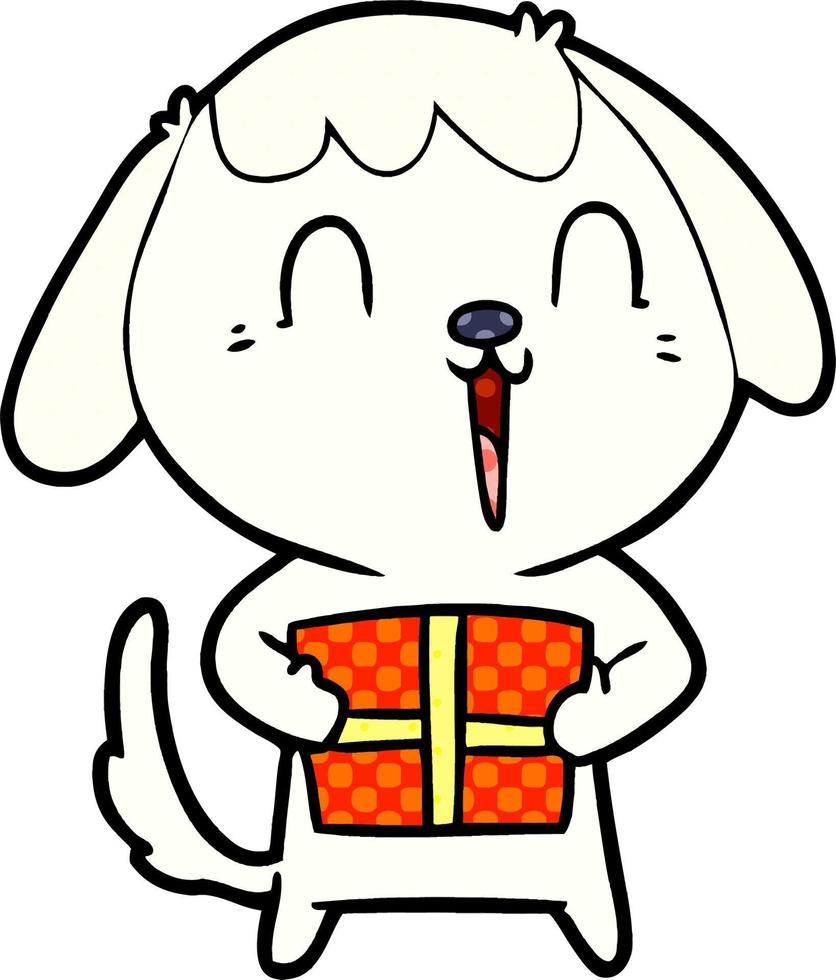 chien de dessin animé mignon avec cadeau de noël vecteur