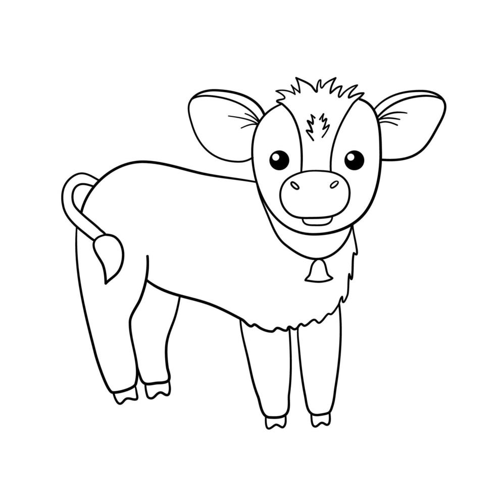 joli contour de veau avec clochette. illustration dessinée à la main isolée sur fond blanc. drôle d'animal de ferme pour livre de coloriage vecteur