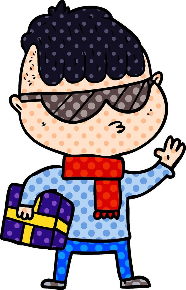 dessin animé garçon portant des lunettes de soleil portant un cadeau de noël vecteur