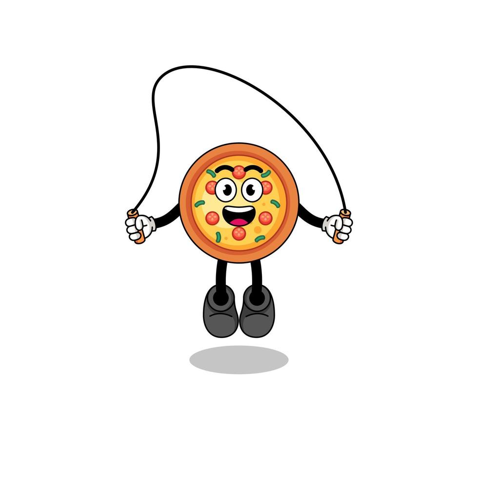 dessin animé de mascotte de pizza joue à la corde à sauter vecteur