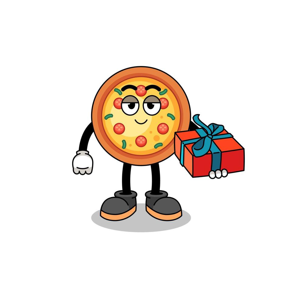 illustration de mascotte de pizza donnant un cadeau vecteur