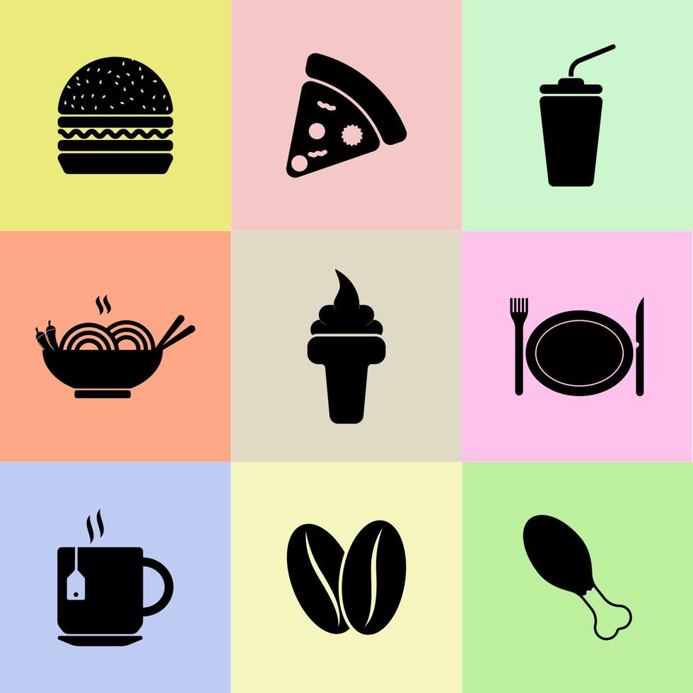 ensemble vectoriel d'icônes de nourriture et de boisson. forme d'icône burger, café, thé, pizza, poulet et plus