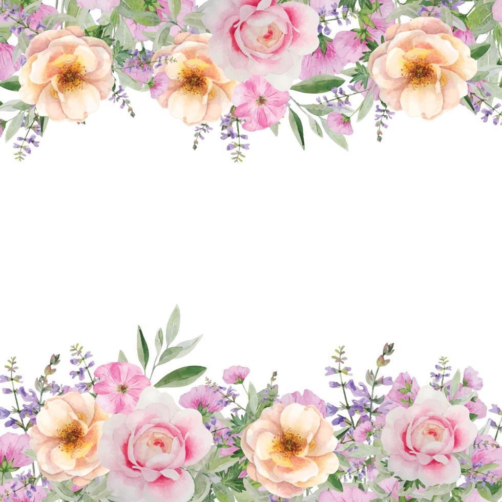 cadre et bordure dessinés à la main à l'aquarelle avec des roses roses et des herbes vecteur