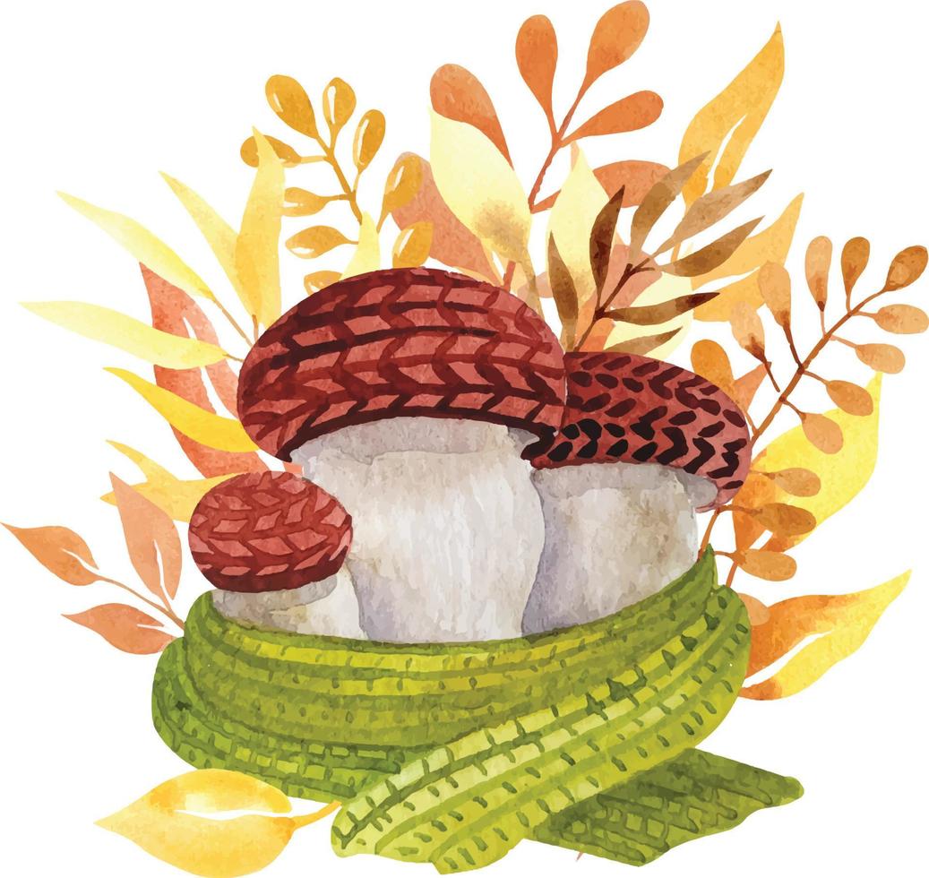 aquarelle tricotant des champignons d'automne. composition mignonne et chaleureuse pour lautomne cartes postales vecteur