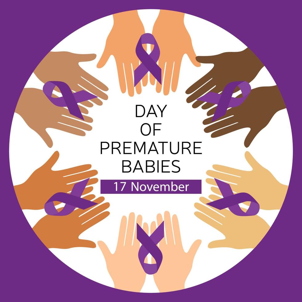 beaucoup de mains avec bannière carrée ruban violet pour le 17 novembre jour des bébés prématurés. illustration vectorielle. vecteur