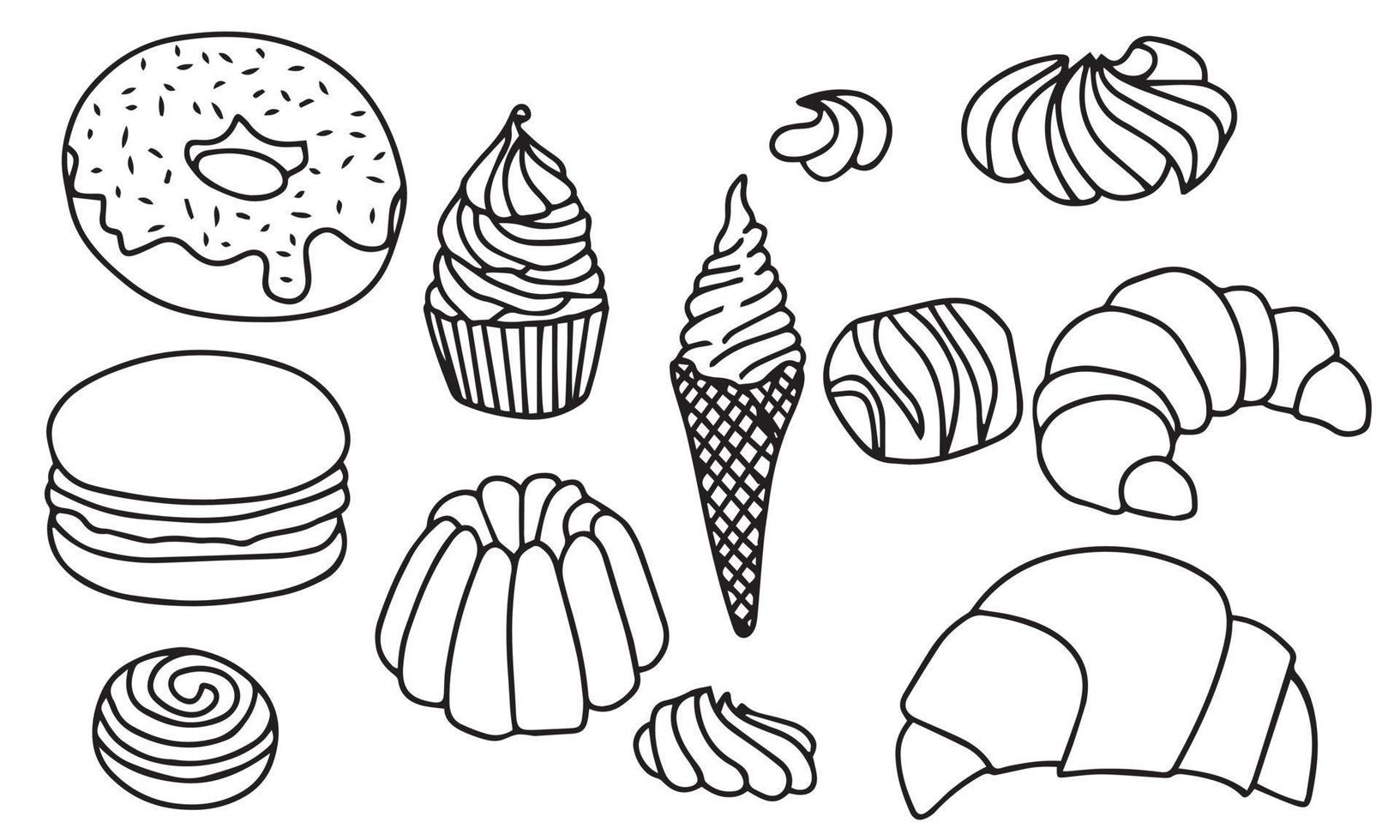 ensemble de différents bonbons. crème glacée, beignet, croissant, pudding, macarons, bonbons, biscuits et cupcake. dessin à la main dessin au trait contour doodle illustration vectorielle. vecteur