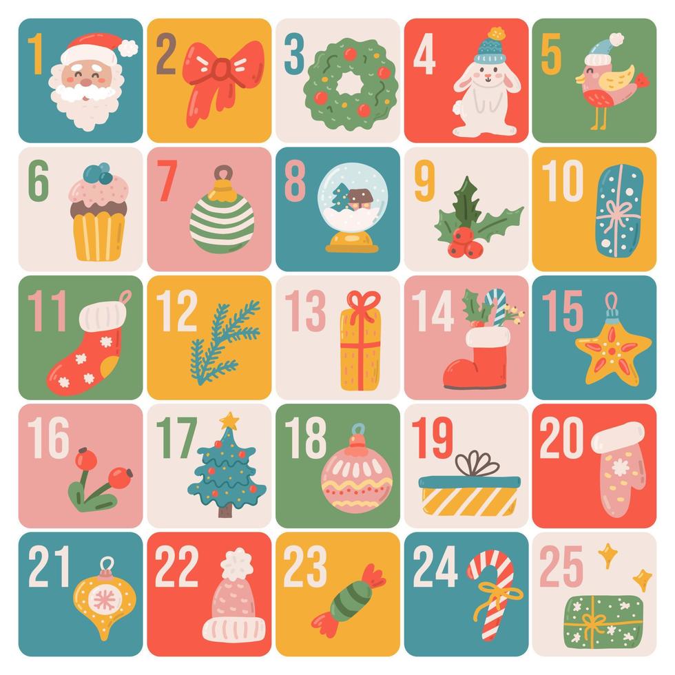 calendrier de l'avent de noël dans un style plat dessiné à la main, affiche vectorielle festive. vecteur