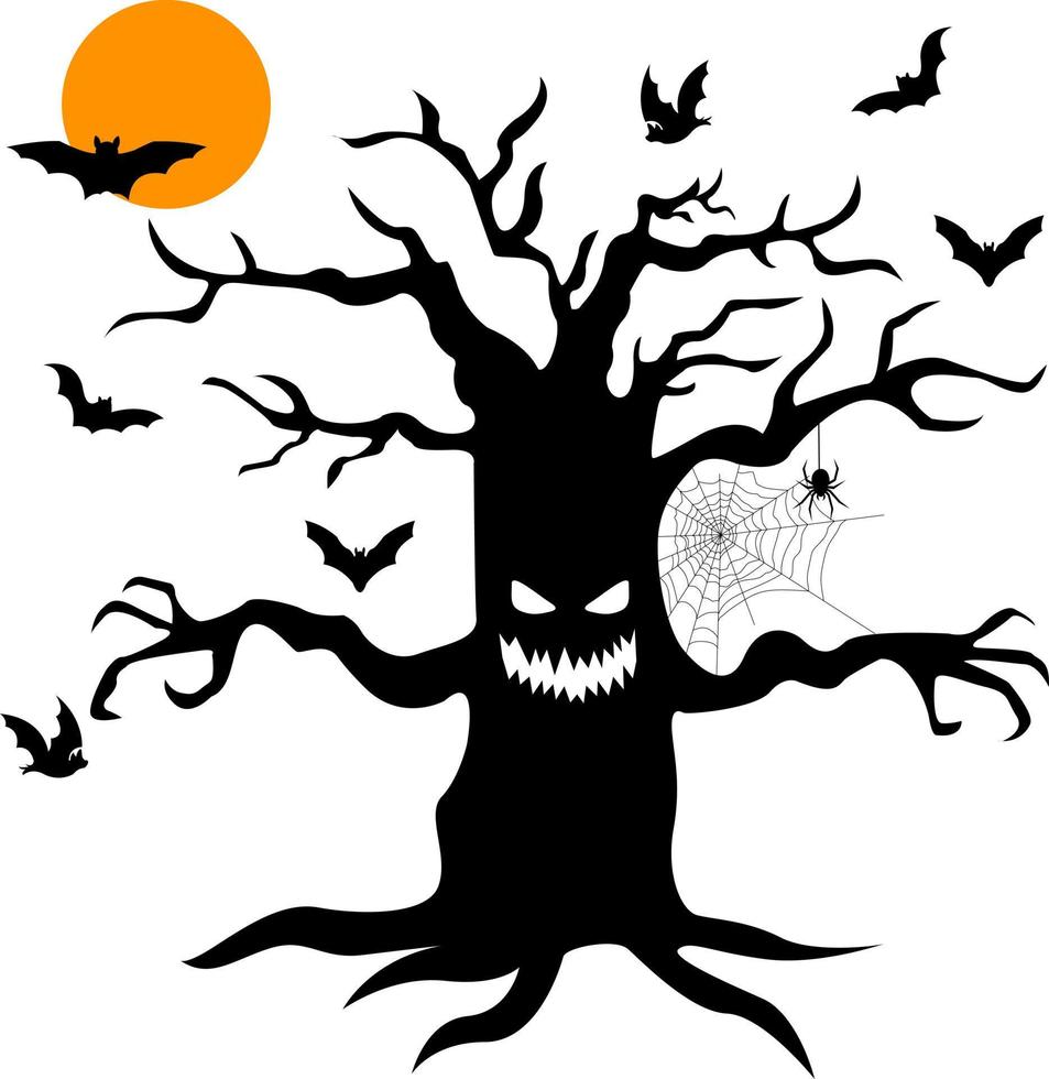 arbre avec les mains, les yeux et les toiles d'araignée sur une branche. sur fond de lune. halloween, chauves-souris. vecteur