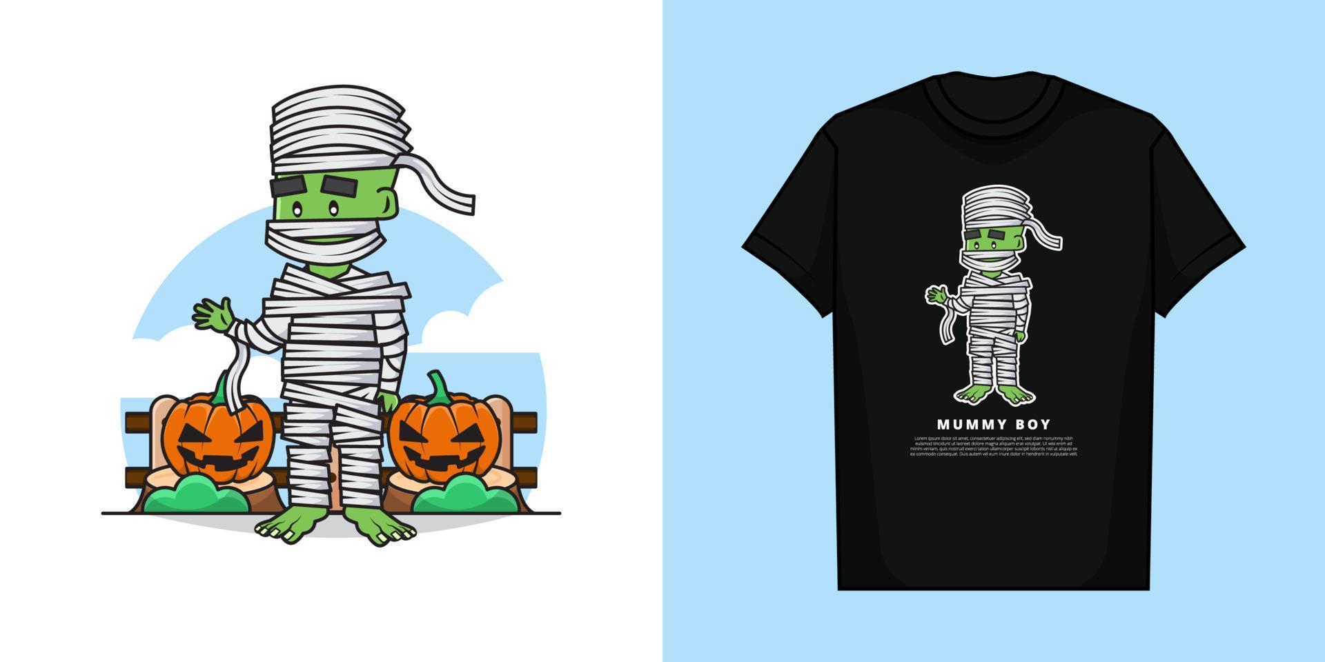 illustration graphique vectoriel de momie effrayante mignonne le jour de l'halloween avec un design de maquette de t-shirt