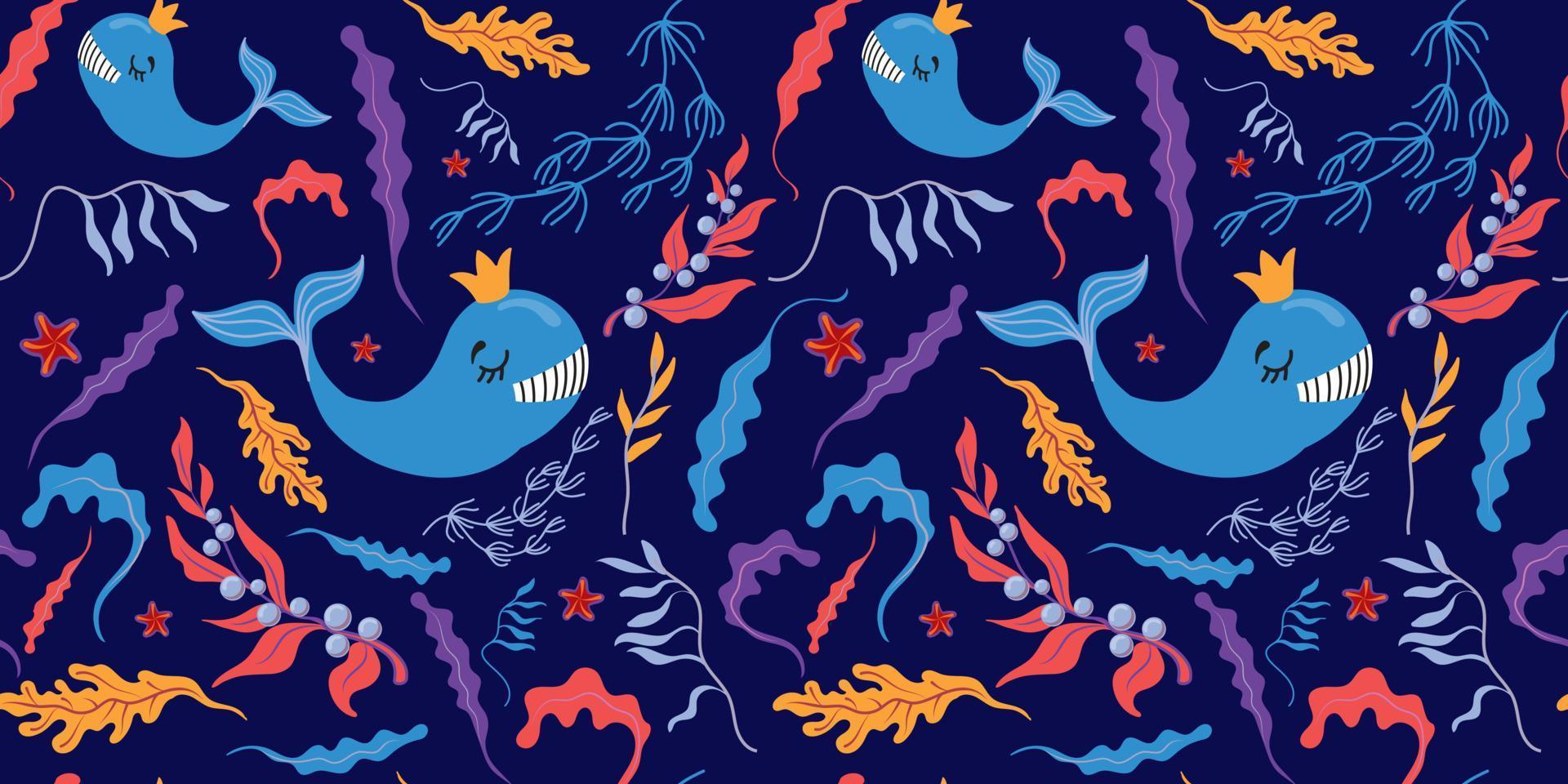 motif marin vectoriel continu avec baleines, étoiles de mer, algues
