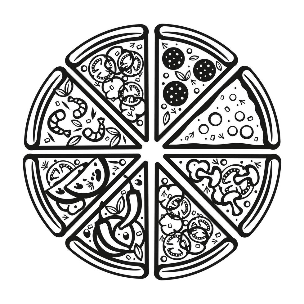 vue de dessus d'une pizza avec divers ingrédients. une pizza entière avec champignons, tomates, oignons, poivrons et fromage. Pizza italienne. illustration vectorielle en style cartoon vecteur