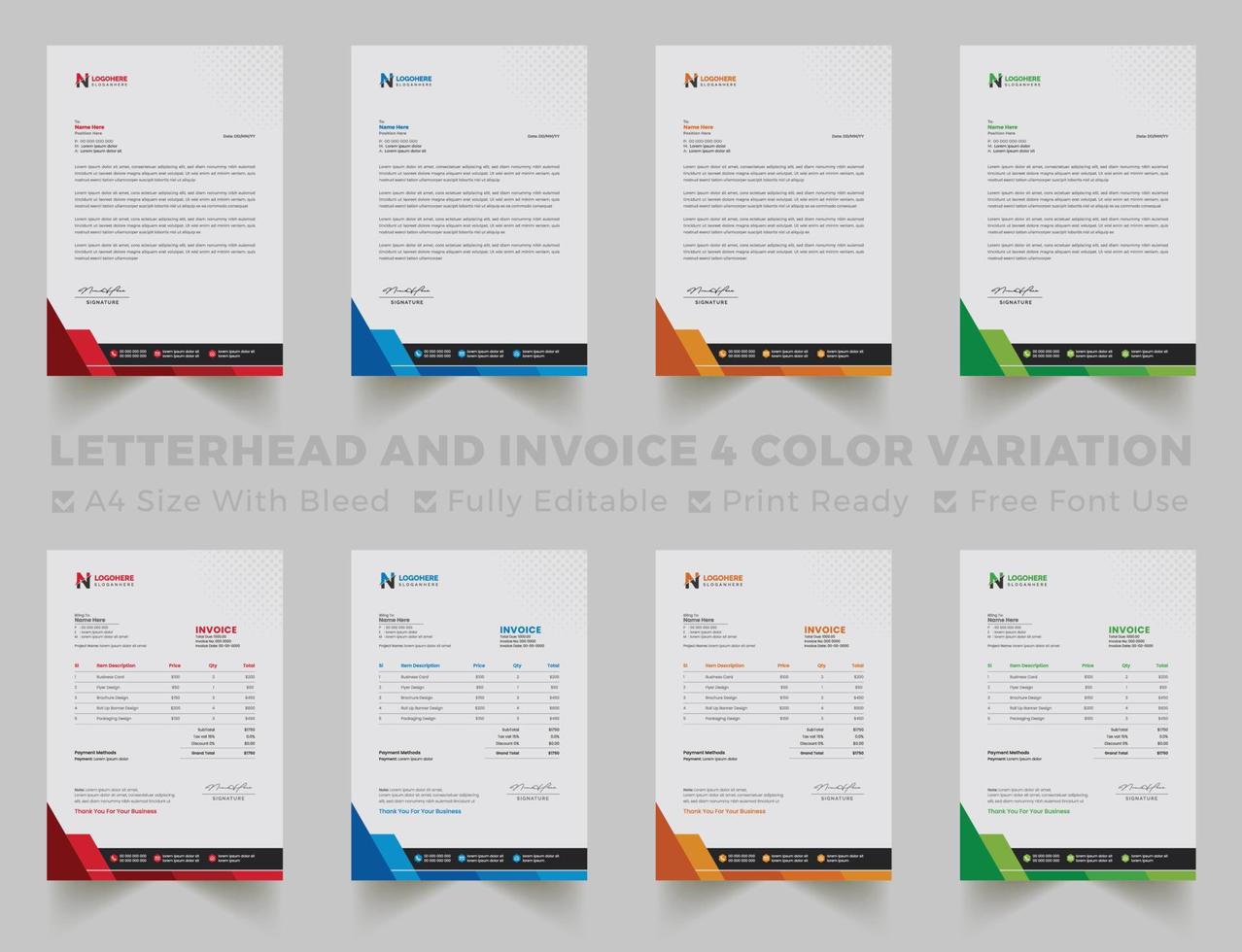 modèle de papier à en-tête et de facture d'entreprise polyvalent au format a4. modèle de conception de papier à en-tête et de facture moderne et créatif avec des couleurs bleues, vertes, rouges et jaunes. vecteur