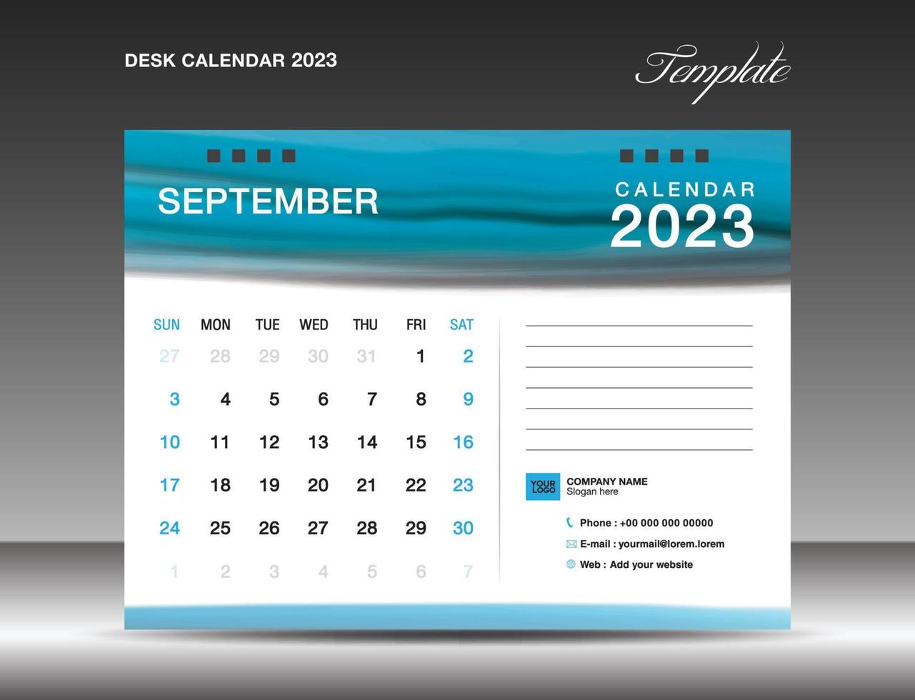 calendrier de bureau 2023 - modèle de septembre 2023, modèle de conception de calendrier 2023, planificateur, simple, conception de calendrier mural, la semaine commence le dimanche, impression, publicité, arrière-plan aquarelle bleu, image vectorielle vecteur