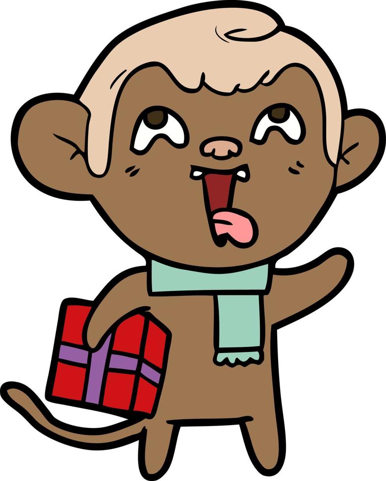 singe fou de dessin animé avec cadeau de Noël vecteur