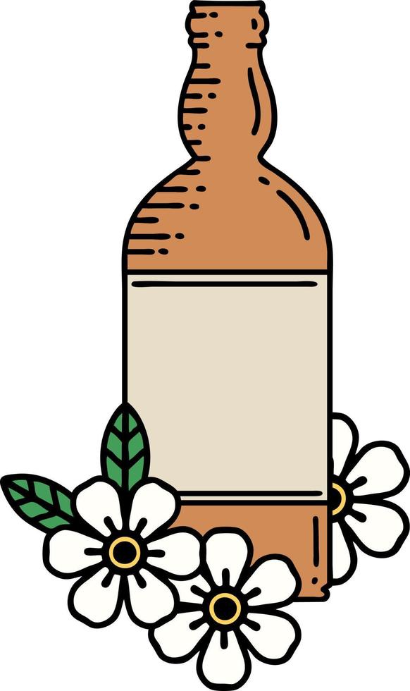 tatouage traditionnel d'une bouteille de rhum et de fleurs vecteur