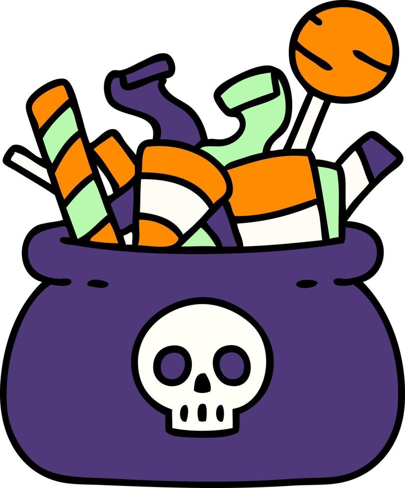 dessin animé d'un sac de bonbons d'halloween plein de friandises vecteur