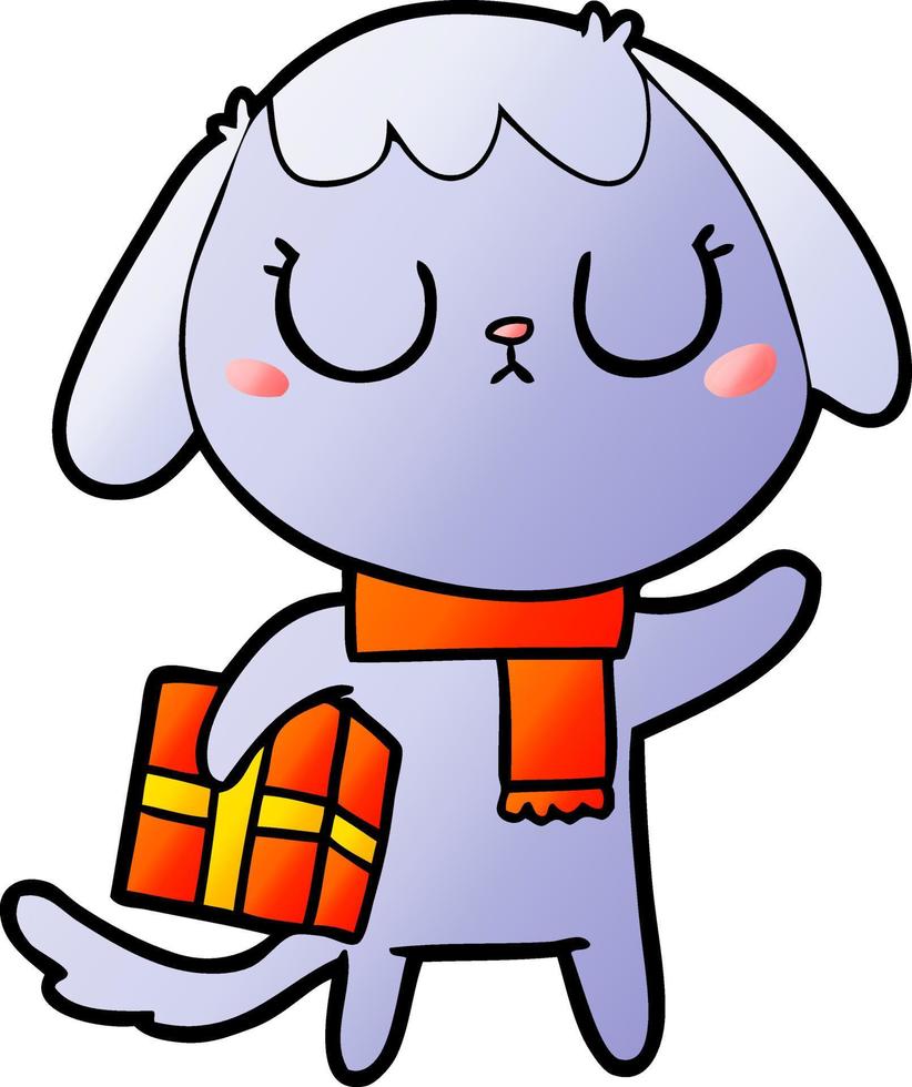 chien de dessin animé mignon avec cadeau de noël vecteur