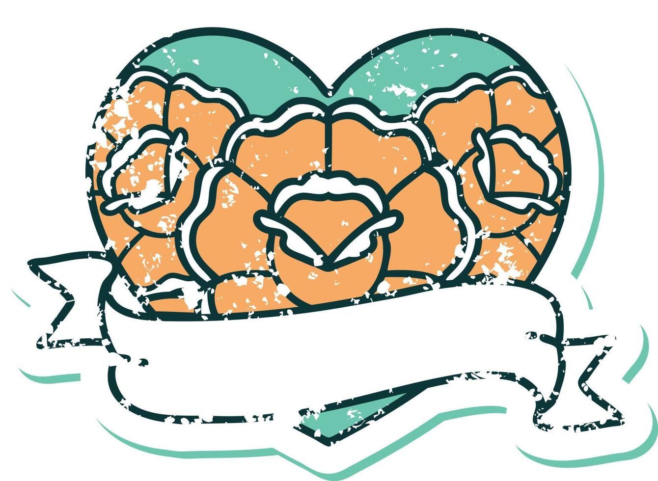 icône de style tatouage autocollant en détresse d'un coeur et d'une bannière avec des fleurs vecteur