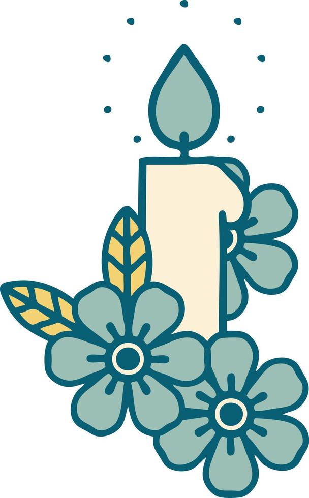 icône de style tatouage d'une bougie et de fleurs vecteur