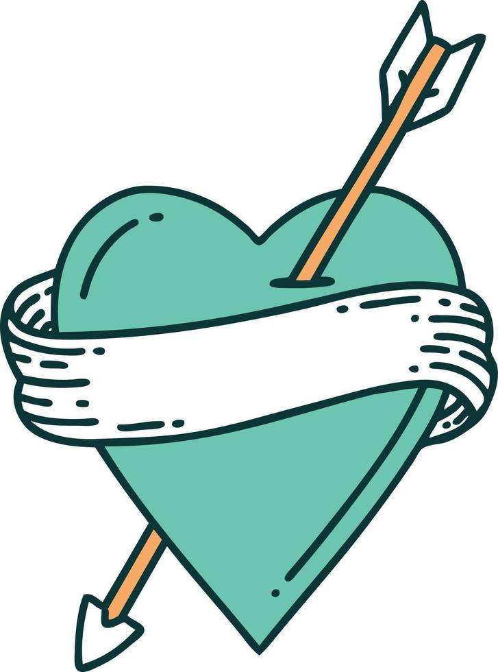 image emblématique de style tatouage d'un coeur et d'une bannière de flèche vecteur