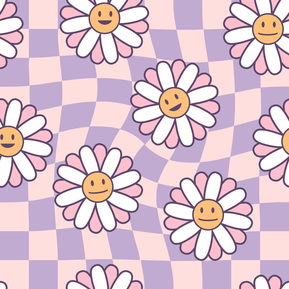 modèle sans couture vintage avec des fleurs de marguerite souriantes sur fond de grille trippy. vecteur