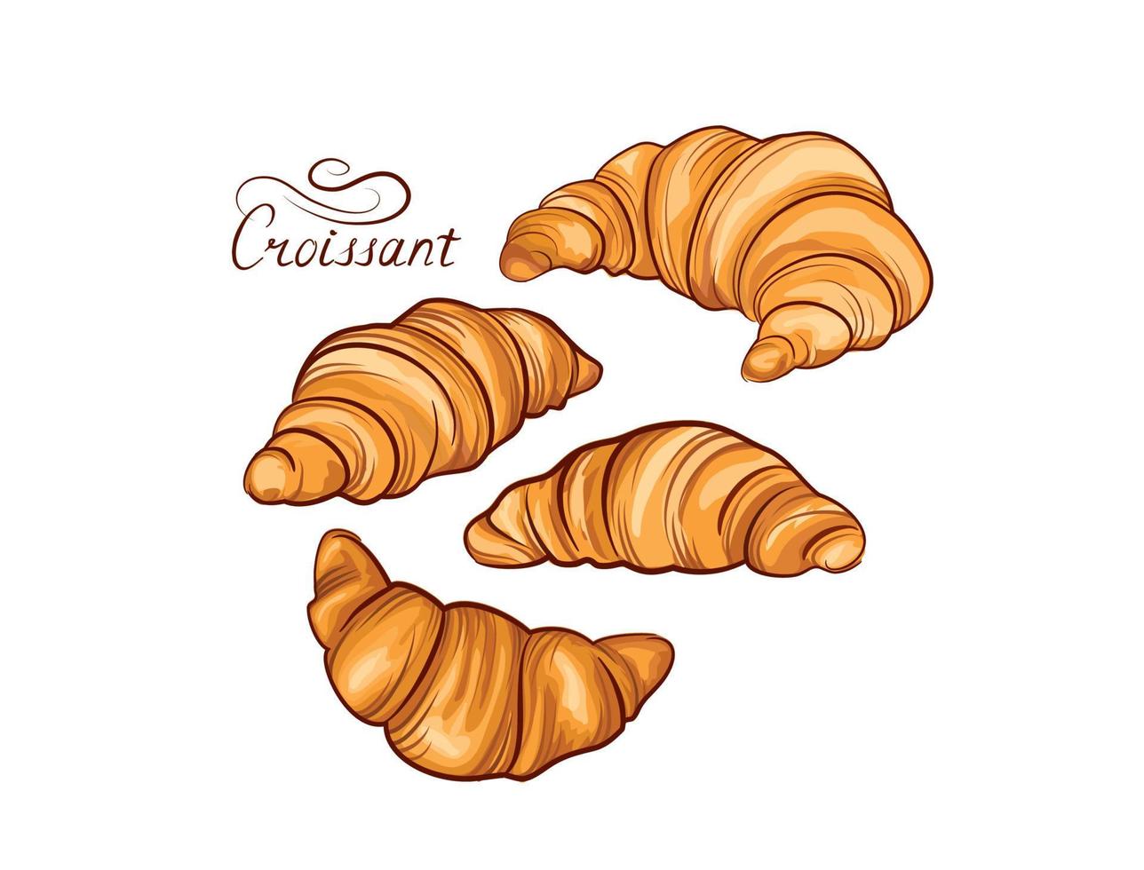 jeu d'icônes de cuisine française croissant. boulangerie alimentaire dessin au trait dessin à la main sur fond blanc. gâteau pour la bannière du petit déjeuner vecteur