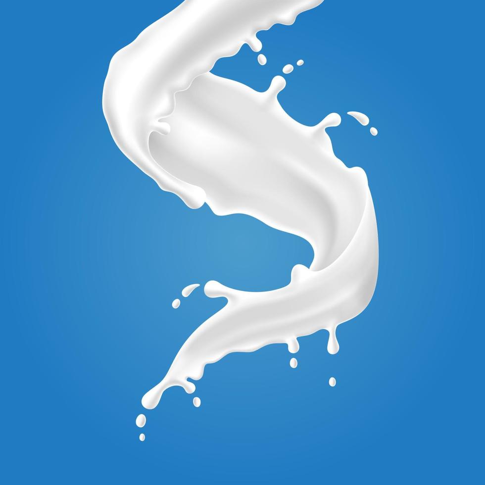 illustrations vectorielles d'éclaboussures et de coulées de lait, produits laitiers naturels réalistes, yaourt ou crème, isolés sur fond bleu. vecteur